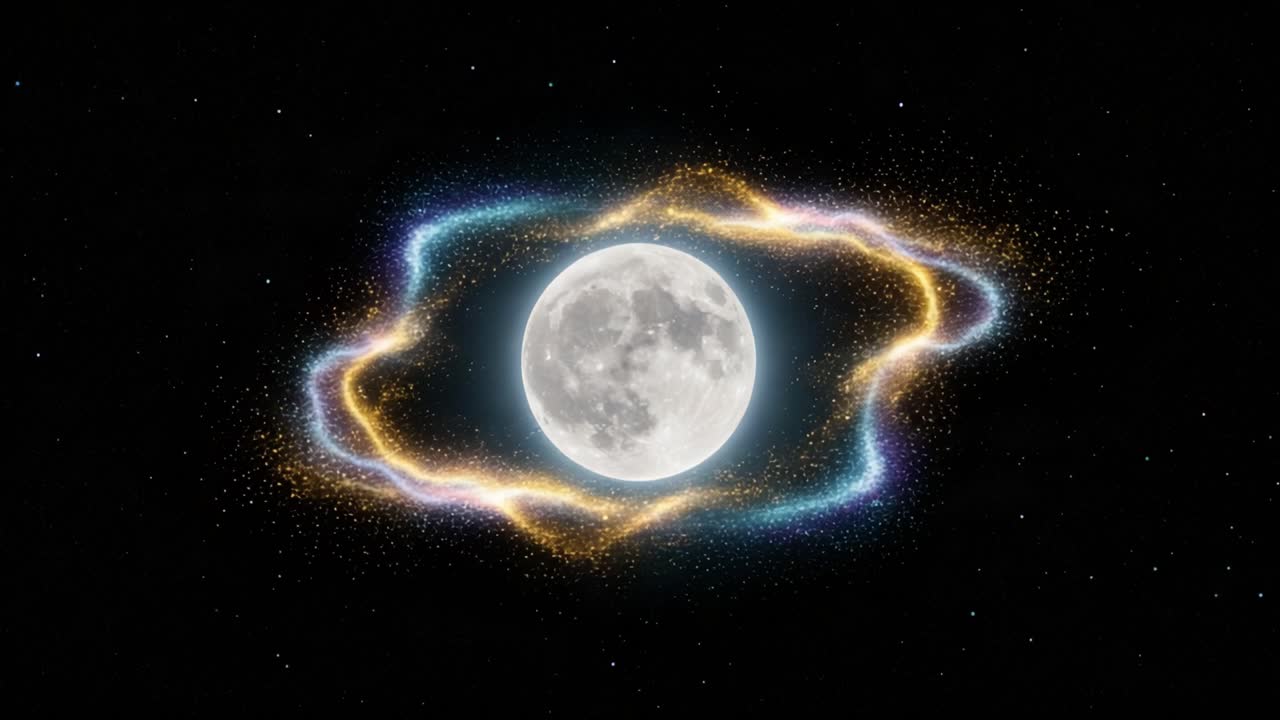 A Stunning Display of Cosmic Beauty Centered Around the Moon, Enveloped by Vibrant Colors and Intricate Patterns of Starry Light in Deep Space