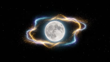 A Stunning Display of Cosmic Beauty Centered Around the Moon, Enveloped by Vibrant Colors and Intricate Patterns of Starry Light in Deep Space