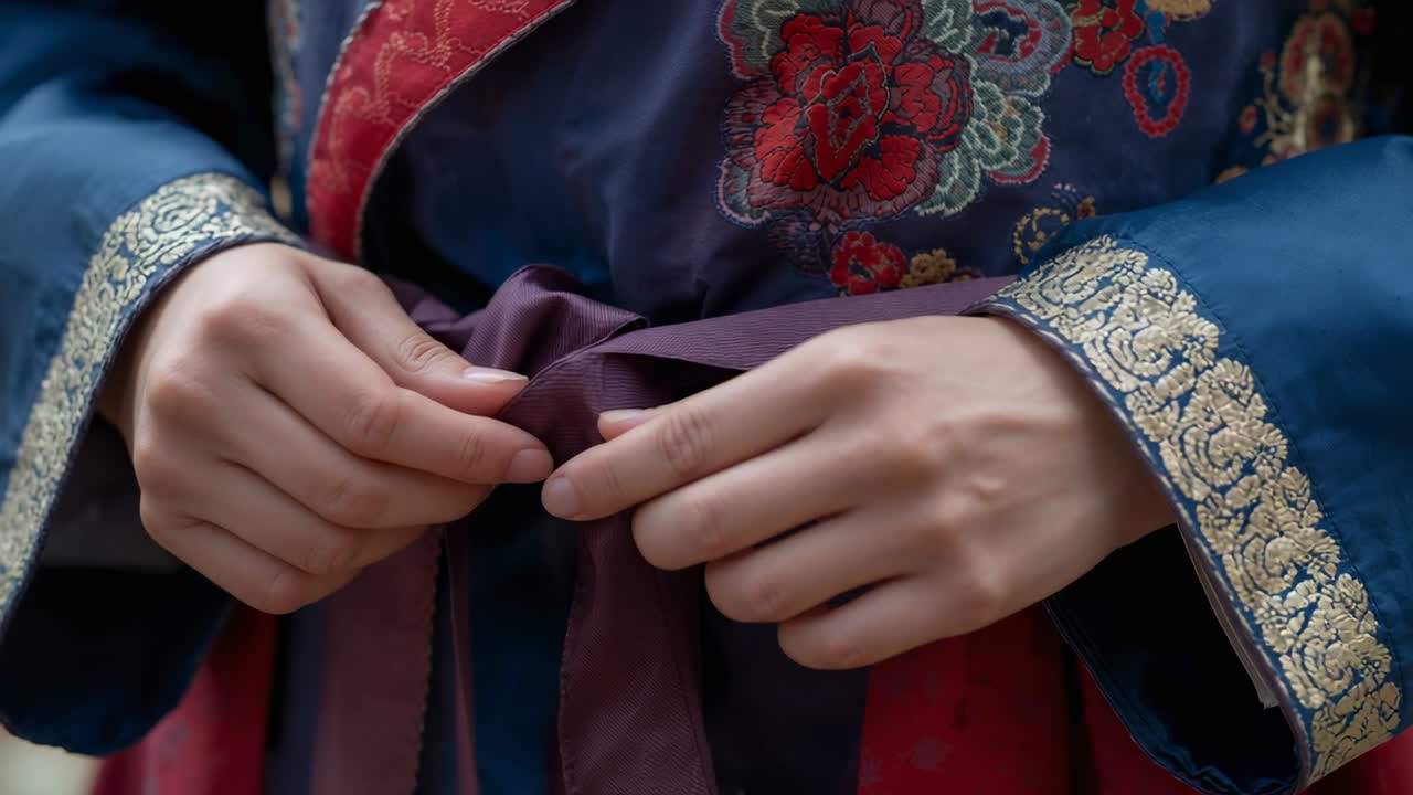 Aligning sash ends, woman's hands looping and tightening purple sash on set, preparing ornate robe