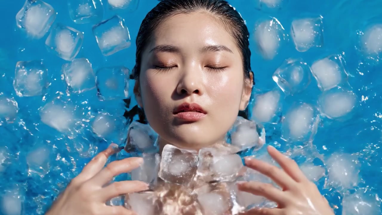 Un momento sereno: una donna che si rilassa in piscina circondata da cubetti di ghiaccio, catturando l'essenza di calma e freschezza su uno splendido sfondo blu.