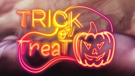 Animation-of-trick-or-treat-text-and-pumpkin-over-pink-smoke-background