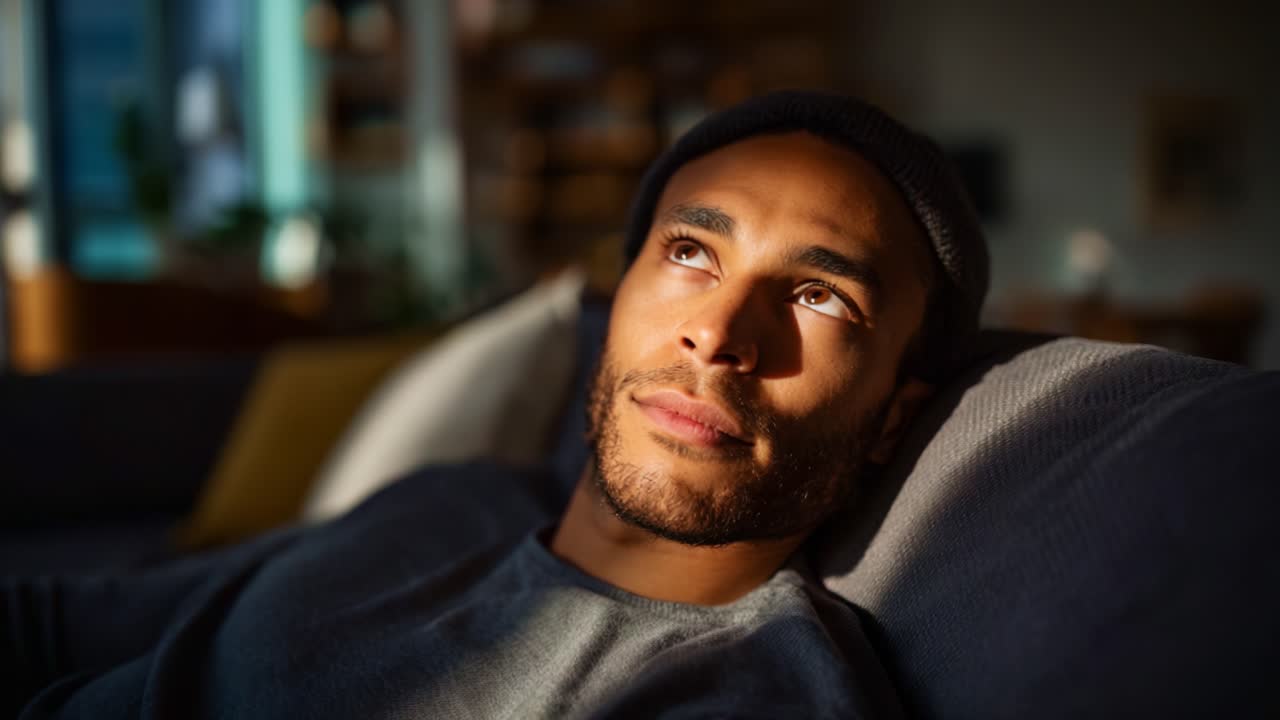 En ettertenksom ung mann slapper av på en sofa og ser tankefullt ut i det varme, myke lyset, noe som skaper en intim og rolig atmosfære i en koselig setting.