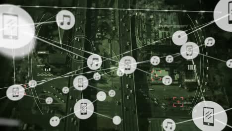 animación de la red de conexiones con iconos sobre el paisaje urbano