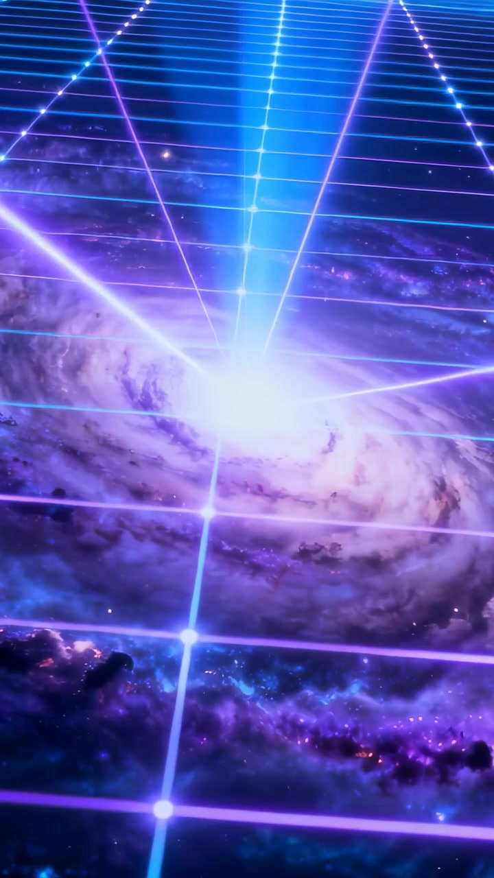 Video verticale: Raggio blu verticale che si innalza, spingendo un nucleo a spirale che si carica su una griglia al neon e unisce i raggi.