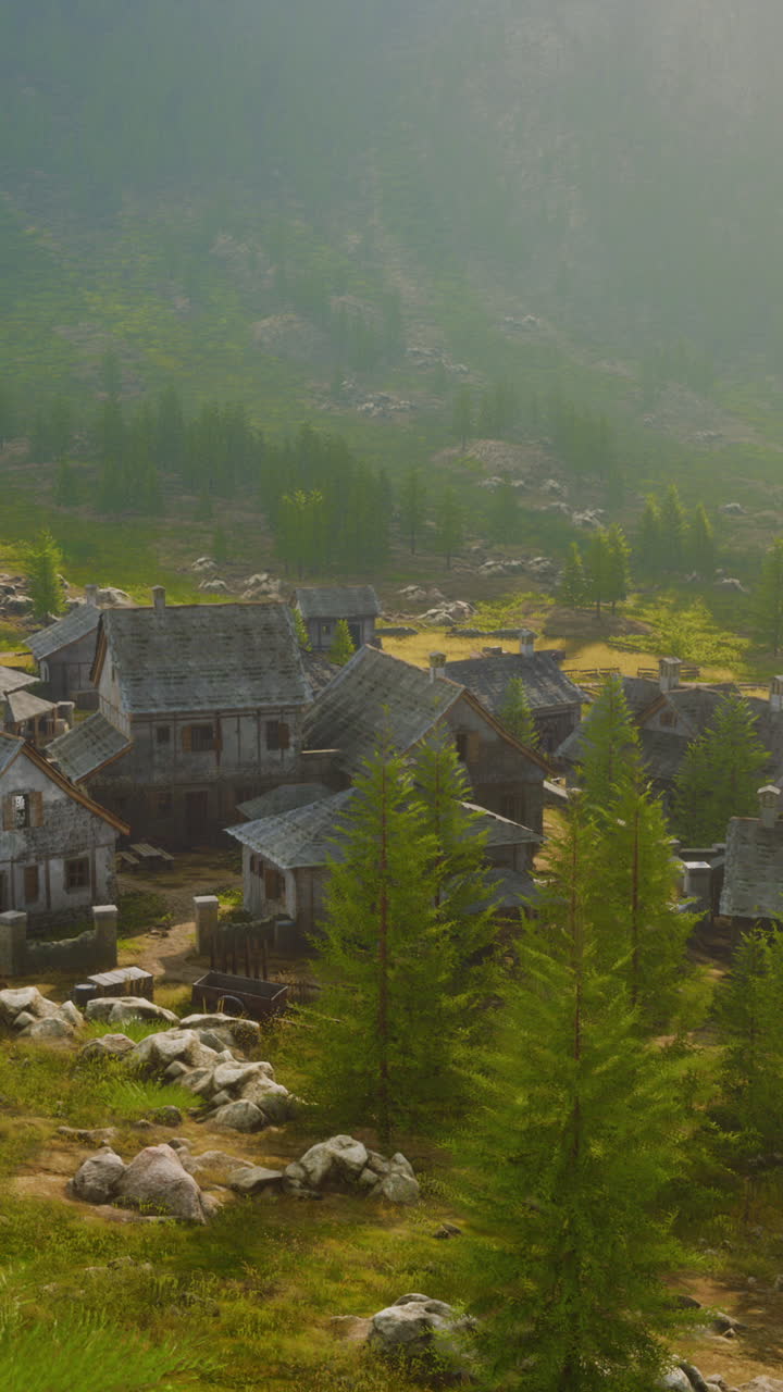 pueblo medieval de montaña en un paisaje brumoso