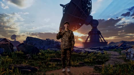 full body of asian man soldier smiling and showing okay gesture to camera while standing with satellite dish