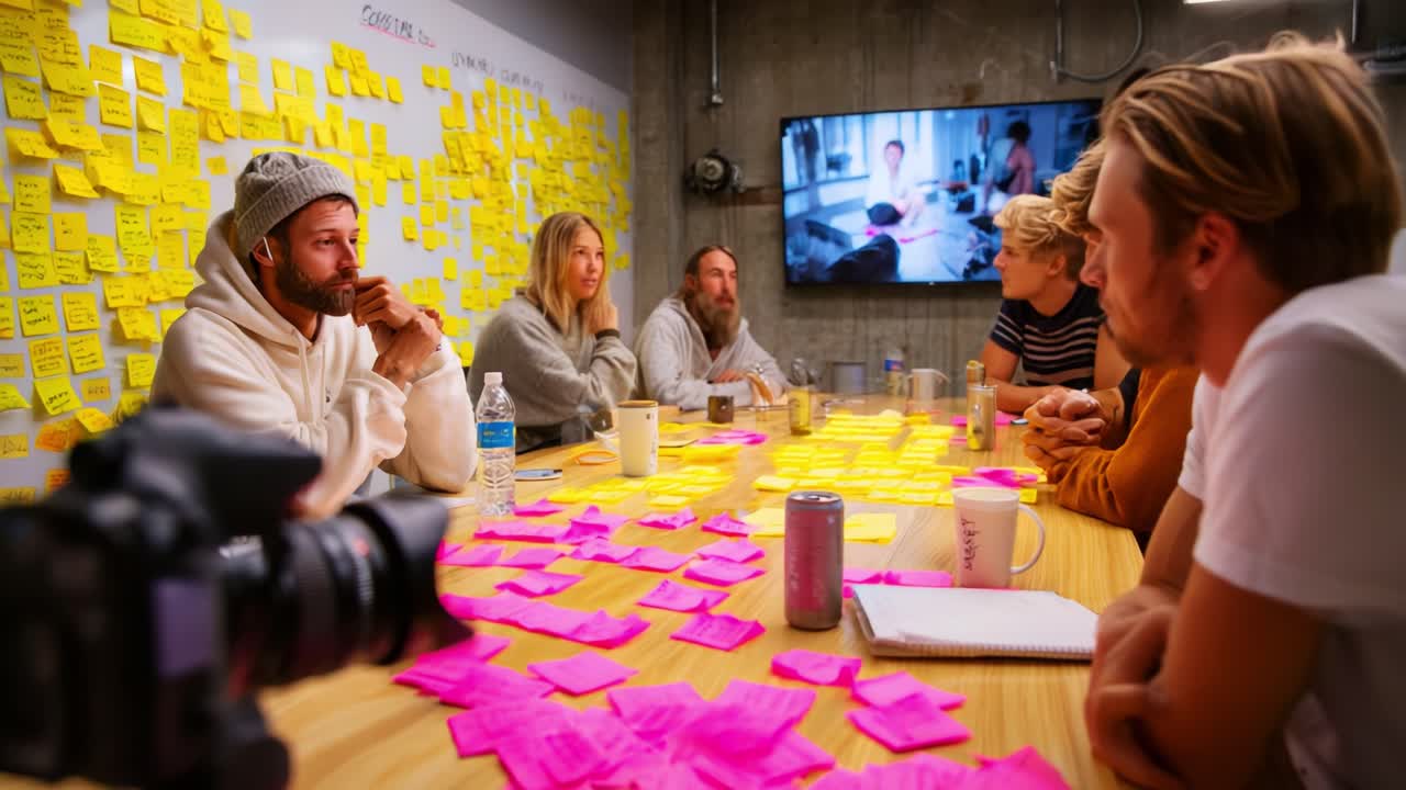 Creative Collaboration in a Dynamic Meeting Room Filled with Sticky Notes and Engaged Participants Discussing Ideas and Concepts in a Brainstorming Session