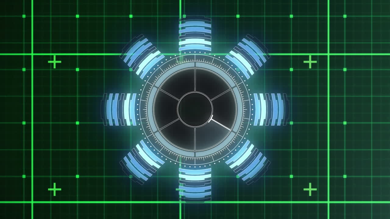 녹색 배경에 대한 그리드 네트워크에서 회전하는 네온 둥근 스캐너의 애니메이션