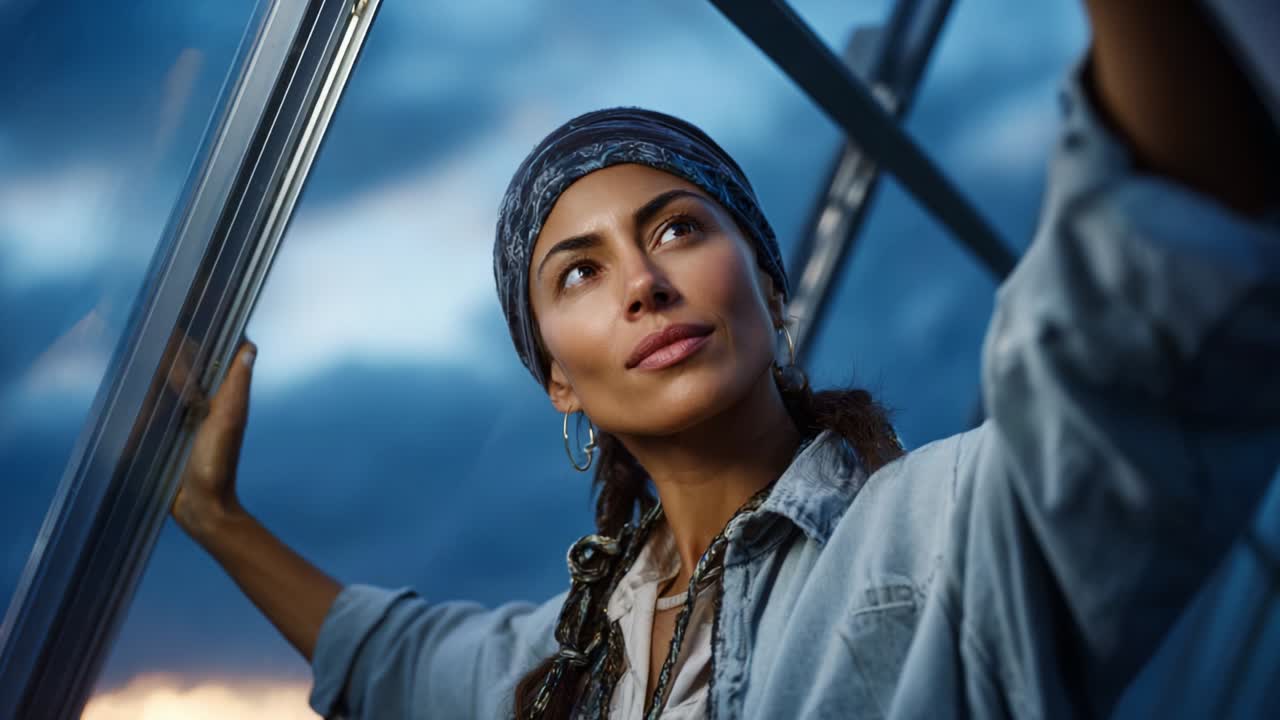 A thoughtful and contemplative woman gazes into the distance with hope and determination, framed by a dramatic sky, showcasing her adventurous spirit and connection to nature in a moment of reflection