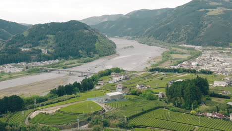 panoramic view of tea farms with lush mountains and river in kawane, shizuoka, japan - aerial drone shot