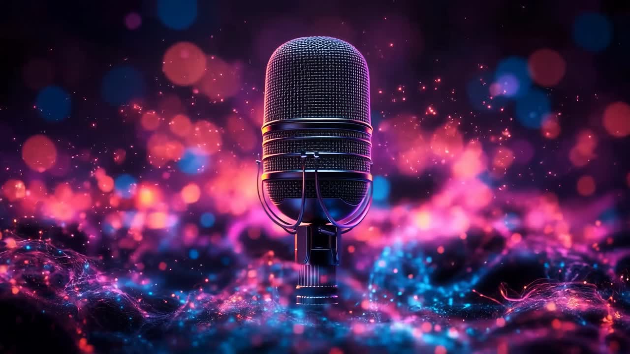 Vibrant light on mic. A microphone stands out against a backdrop of sparkling lights, creating a lively and dynamic atmosphere.