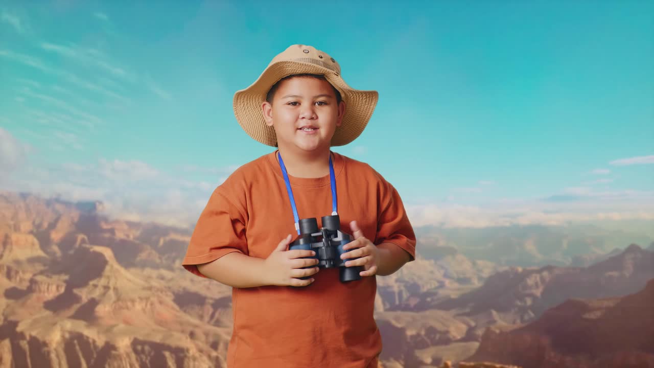 Asian Boy With A Hat Clapping Hands After Looking Through The Binoculars. Boy Researcher Examines Something While Traveling At The Top Of Mountain, Travel Tourism Adventure Concept