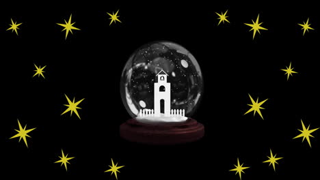 animación de estrellas sobre el globo de nieve de navidad sobre fondo negro