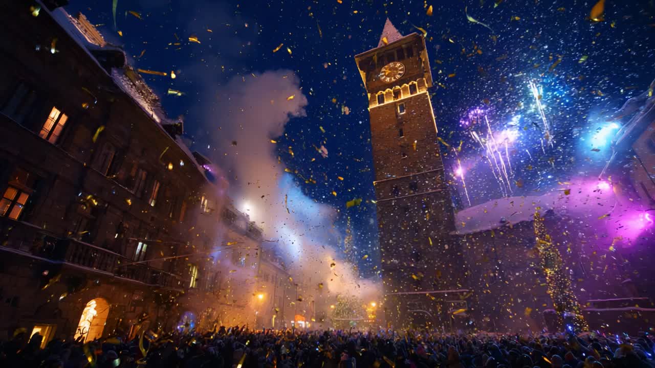 A Vibrant Celebration Under Fireworks: Captivating Scenes of a Crowded Square Enveloped in Colorful Confetti, with a Majestic Clock Tower Dominating the Night Sky Illuminated by Festive Lights