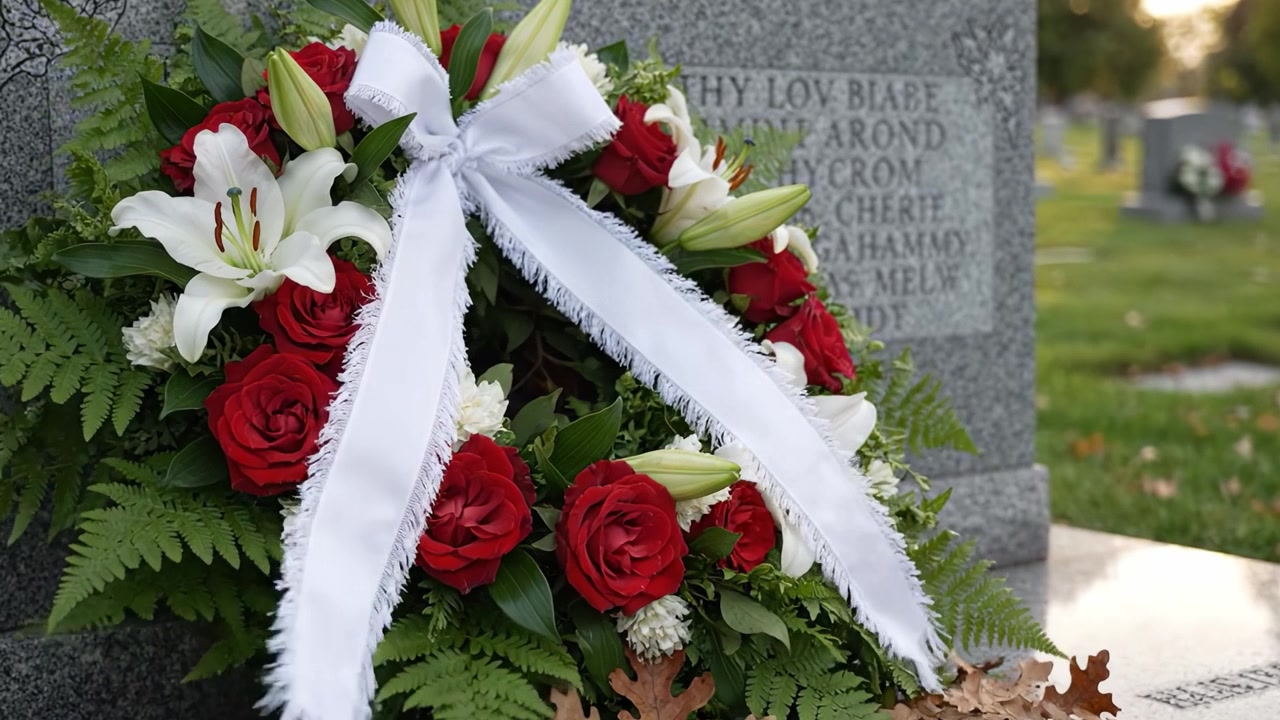 Un bellissimo omaggio floreale: una ricca composizione di rose rosse e gigli bianchi adornata con felci in memoria di una persona cara al cimitero