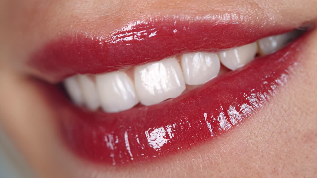 Close-Up of Glossy Lips with Vibrant Red Lipstick Showcasing a Bright Smile and Shiny Finish, Highlighting Beauty and Cosmetic Appeal
