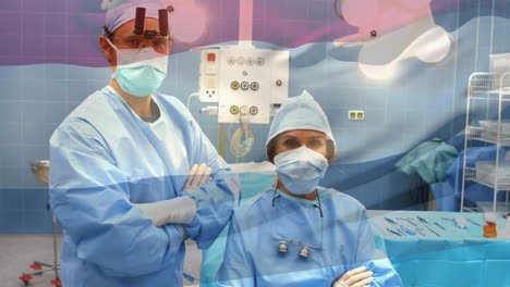 animation of flag of netherlands waving over surgeons in operating theatre