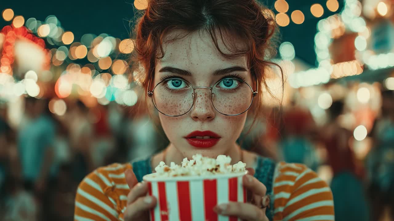 Affascinante giovane donna con lentiggini e occhiali che tiene un classico secchio di popcorn a strisce rosse e bianche, su uno sfondo colorato da luna park.