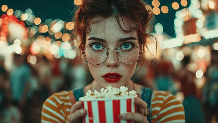 Affascinante giovane donna con lentiggini e occhiali che tiene un classico secchio di popcorn a strisce rosse e bianche, su uno sfondo colorato da luna park.