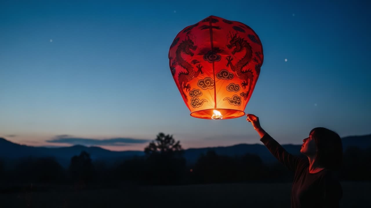A Beautiful Evening Unfolds as a Lantern Slowly Ascends into the Night Sky, Illuminating the Surroundings with a Warm Glow and Creating a Magical Atmosphere