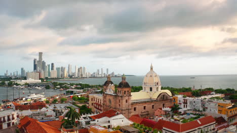 Aerial-drone-view-of-the-old-town-of-Cartagena-de-Indias-in-Colombia