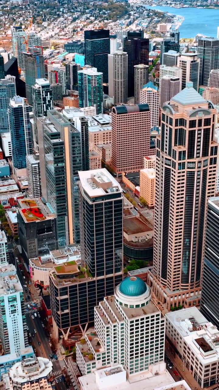 Paesaggio mozzafiato della moderna Seattle, Washington, USA, dall'alto. Riprese con drone che volano verso il paesaggio acquatico del Lago Washington. Video verticale