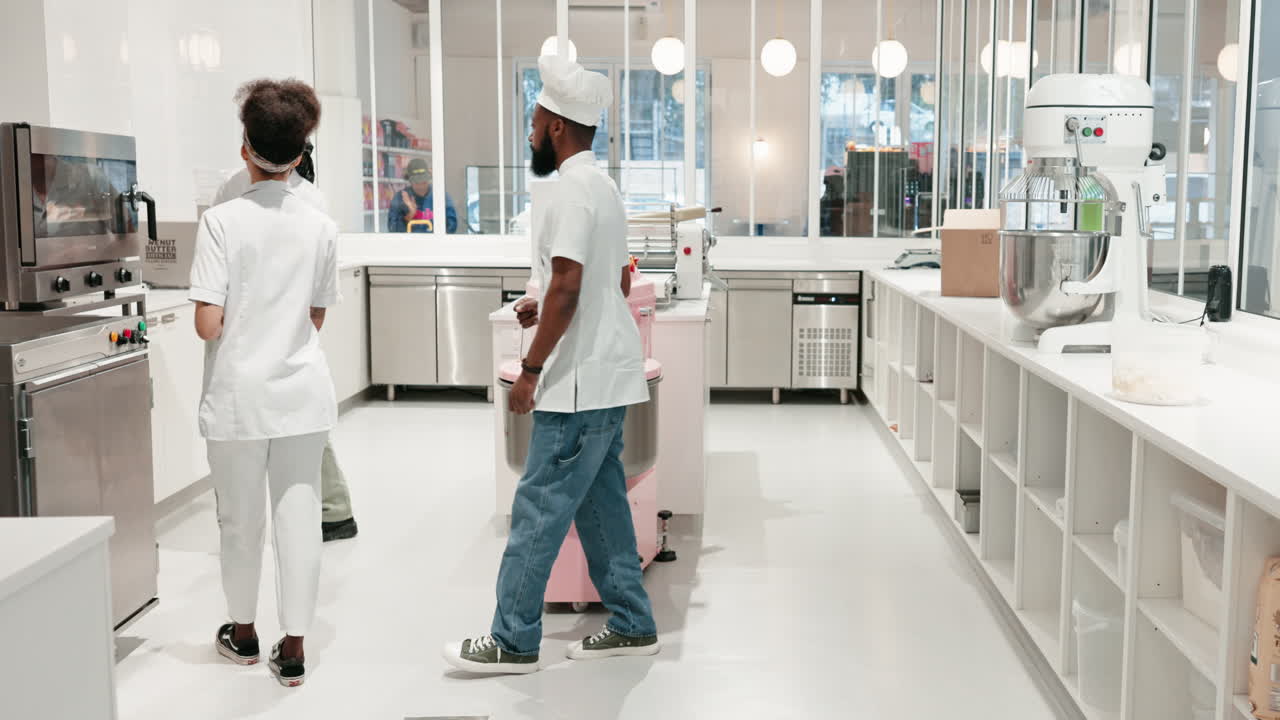 Kitchen, work and people in timelapse of business
