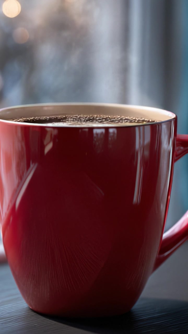 Un momento accogliente: una tazza di caffè rossa fumante catturata in due inquadrature, che mostra il calore e il comfort del caffè appena fatto in un'atmosfera mattutina.