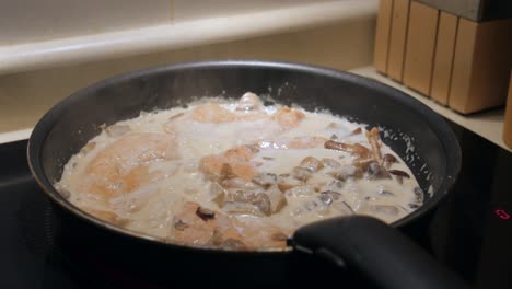 냄비에 요리하는 버섯을 곁들인 맛있는 크림 치킨 - 클로즈업