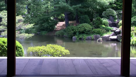 Vista-Del-Estanque-Koi-Y-Engawa-Desde-El-Interior-De-La-Casa-Japonesa