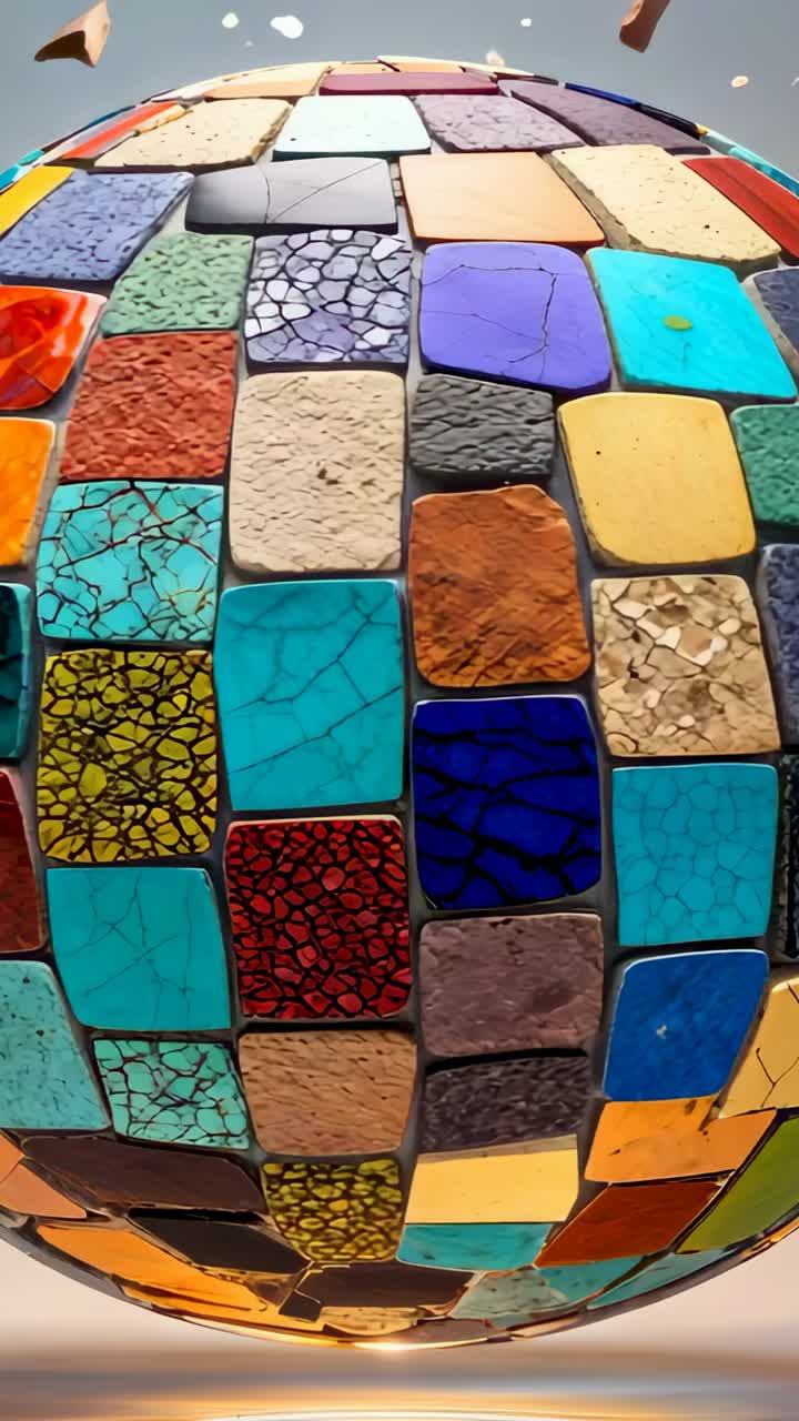 Vertical video: Floating sphere starting rotation in studio, showcasing multicolored mosaic tiles