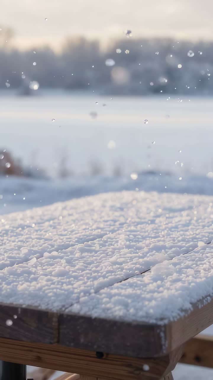 Vertical video: Drifting snow dusting wooden bench by frozen lake, wind stirring flakes with crack