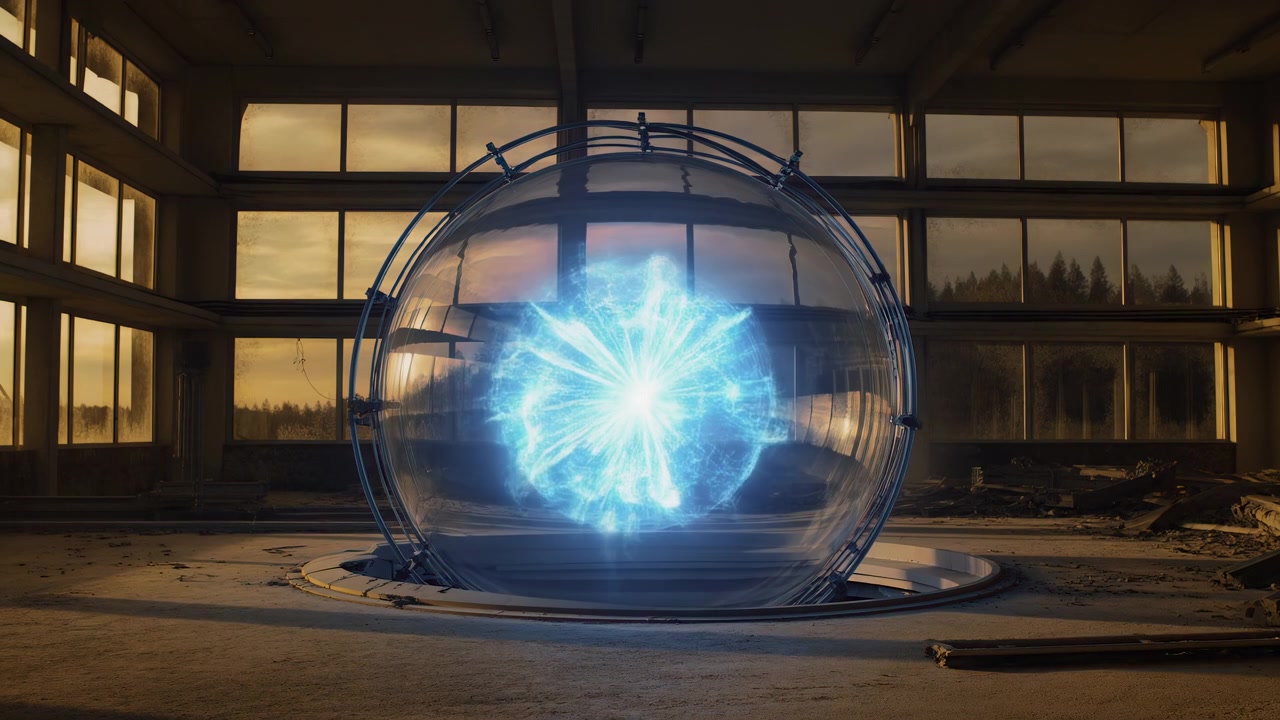 Una sfera trasparente riposa in un incavo circolare nel pavimento all'interno di un capannone industriale deserto, dove un nucleo di plasma blu brillante si intensifica, si ammorbidisce, poi svanisce contro il controluce del tramonto, polvere e cemento.