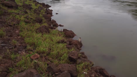 Mujer-Joven-Aislada-Sentada-En-Una-Roca-A-Lo-Largo-De-Las-Orillas-Del-Río-Iguazú,-Frontera-Entre-Brasil-Y-Argentina