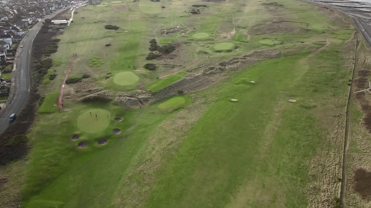 Flyover full length view of Fleetwood Golf Links, Lancashire, UK.