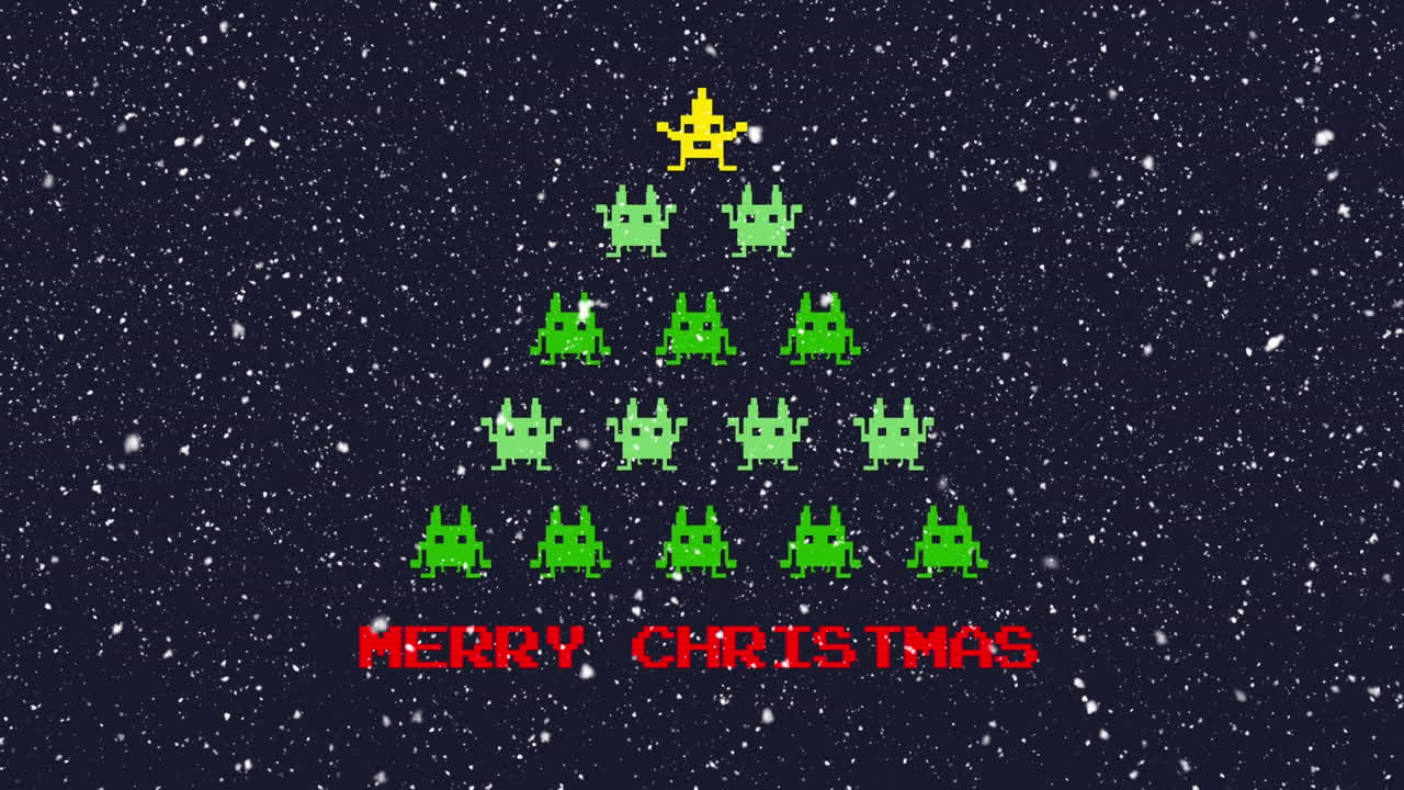 feliz texto de navidad contra el videojuego árbol de navidad y copos de nieve cayendo