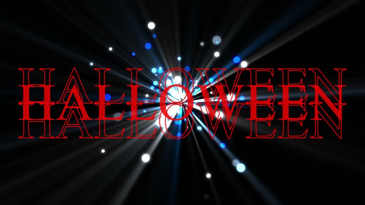 Converging rays and dots pulsing, fading red HALLOWEEN text, duplicating layers for layered effect