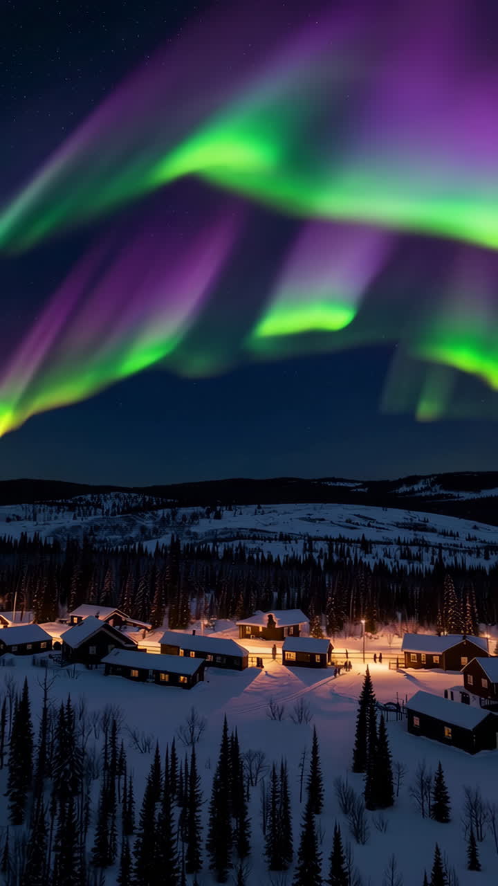 Aurora Borealis over a Winter Village