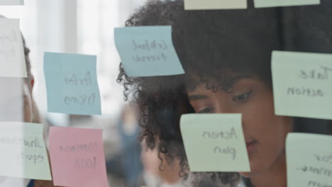 creative-business-women-using-sticky-notes-brainstorming-colleagues-working-together-problem-solving-discussing-solution-enjoying-teamwork-in-startup-office