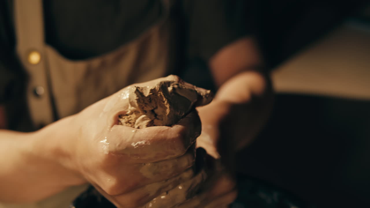 Hands shaping wet clay