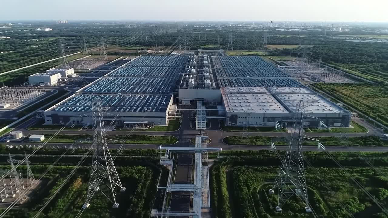 Aerial view of a vast industrial area featuring a large facility surrounded by multiple power lines and electricity infrastructure.