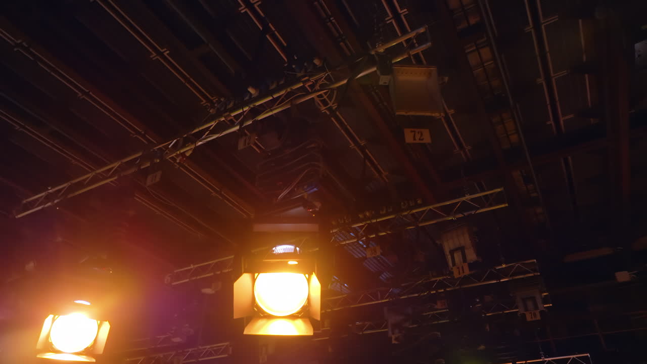 Flashing studio lights equipment on the ceiling of a TV set