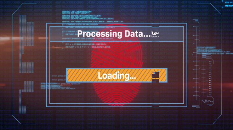 Animation of loading bars, computer language, fingerprint and changing numbers on black background