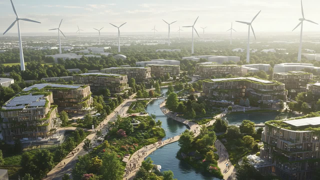 Aerial View of a Modern Sustainable Community Surrounded by Greenery, Water Features and Wind Turbines Showcasing Eco-Friendly Urban Living and Innovations