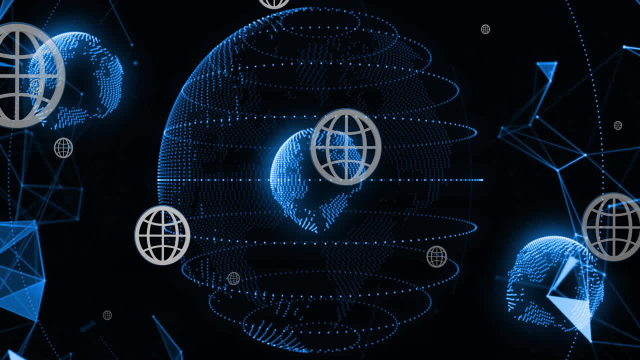 Animation of globe and digital data processing over black background