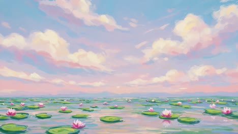 a tranquil sunset over a serene water lily pond, showcasing vibrant blooms amidst leafy green pads under a painterly sky filled with soft pastel clouds