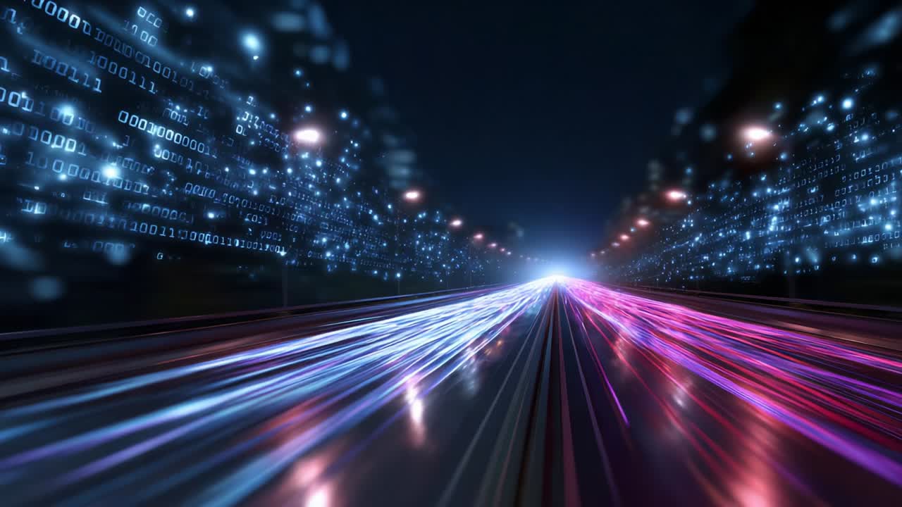 A Dynamic Journey Through Light Trails and Digital Landscapes: Capturing the Essence of Speed and Technology in a Futuristic Urban Setting with Illuminated Roadways and Binary Patterns