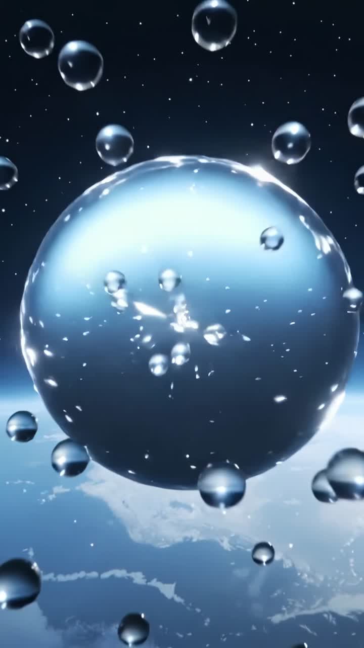 Dikey video: Dünya'nın üzerinde lense doğru itilen büyük bir baloncuk hareket eden kamera tarafından gösteriliyor ve baloncuğun içindeki damlacıklar görünüyor.