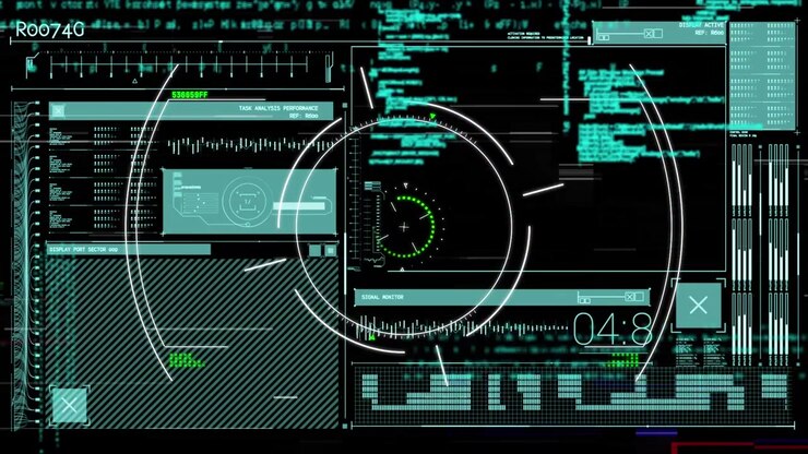 Digital animation of scope scanning over digital interface with data processing on black background