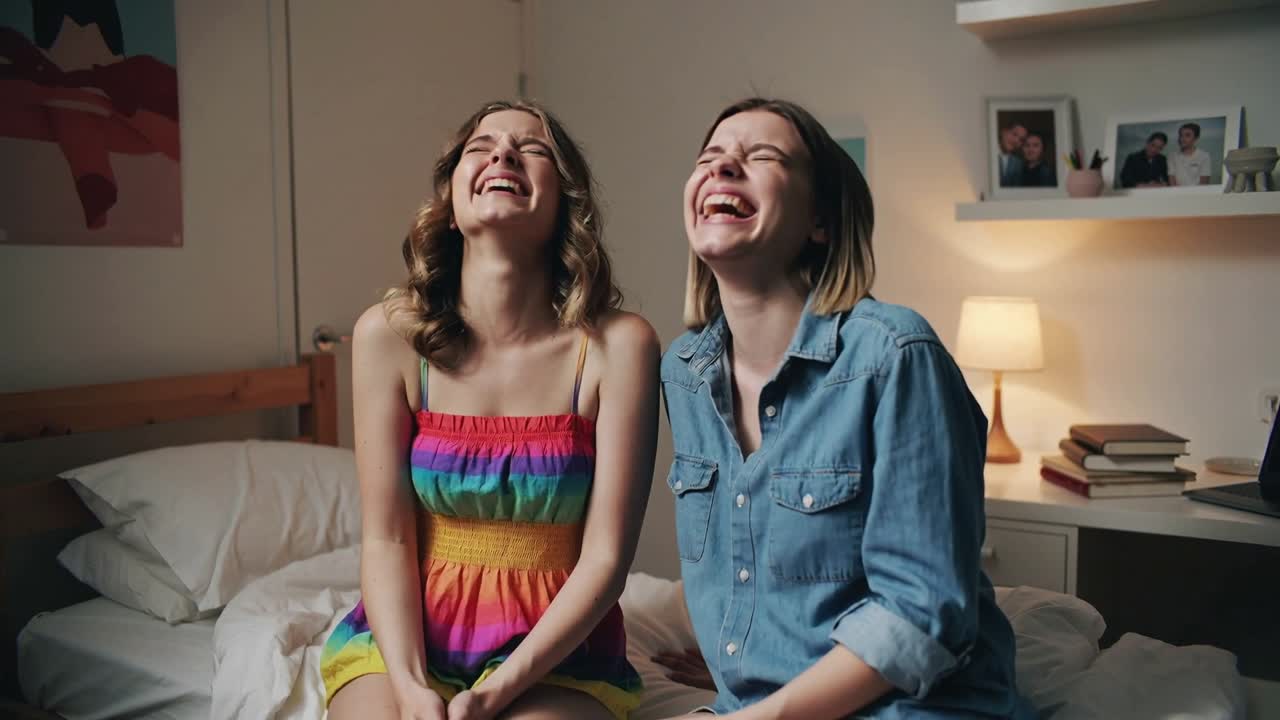 Puckering lips, pair mouthing then laughing on bed for camera in rainbow dress and denim shirt